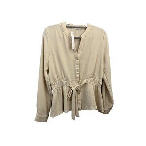 Timing Blouse Women Large Beige Long Sleeve Button Up Tie Waist